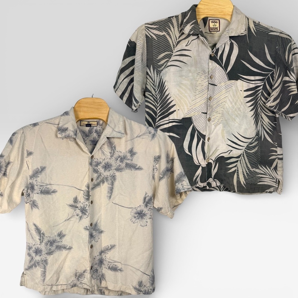 Tommy Bahama Mens Large Silk Camp Shirt Floral Palm Leaf Short Sleeve Button Up
